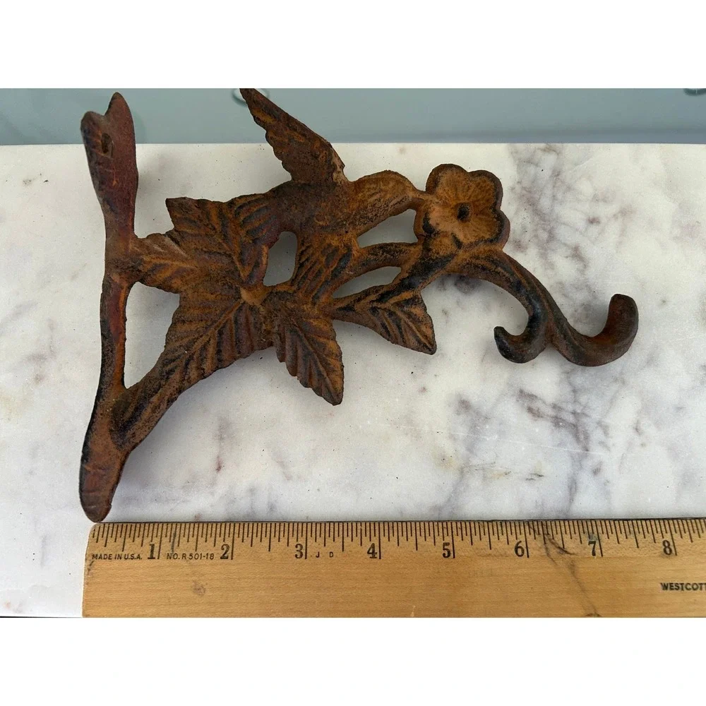 Vintage Cast Iron Hummingbird Wall Hook Rustic Brown Floral Garden Decor 7.5in